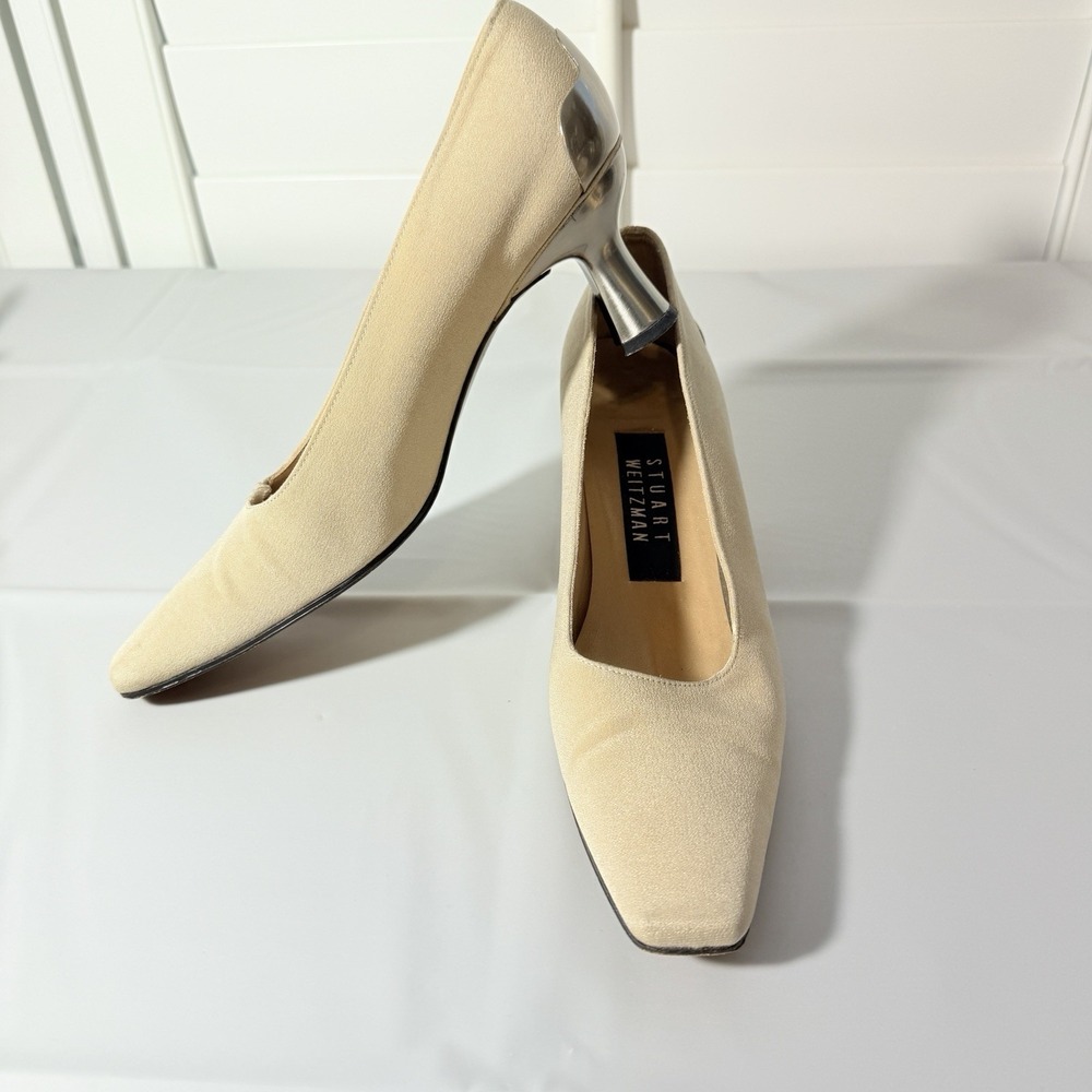 Vintage Beige Gold STUART WEITZMAN Fabric Heels Pumps Silver Block 6 AA